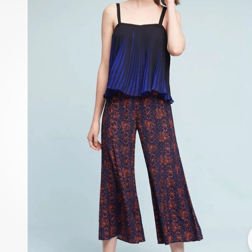 Anthropologie elevenses Navy & Rust Wide-Leg Printed Pants size 8